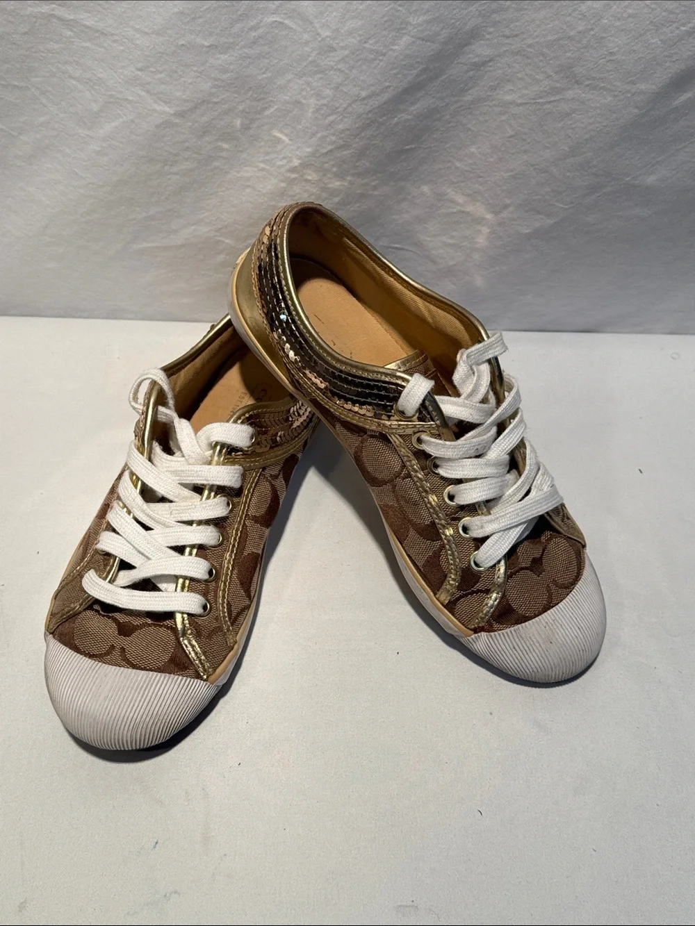 Coach Brown Signature Canvas Sneakers with White Toe and Gold Accents